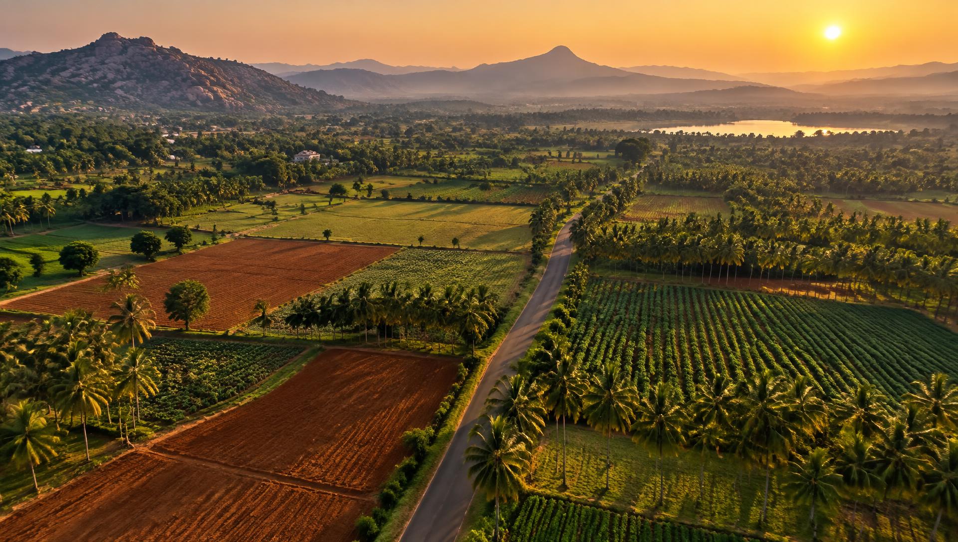Green farmland and fields at sunrise